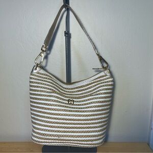 Eric Javits Straw Tan White Stripe Dame Bucket Bag